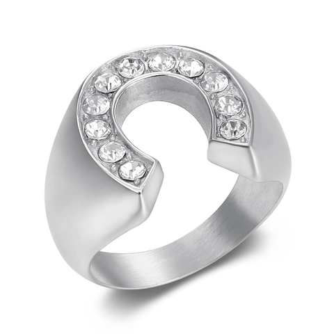 Vintage Horseshoe Titanium Steel Ring For Men Gold Silver Plated Rhinestone U-Shaped Geometric Finger Band Jewelry