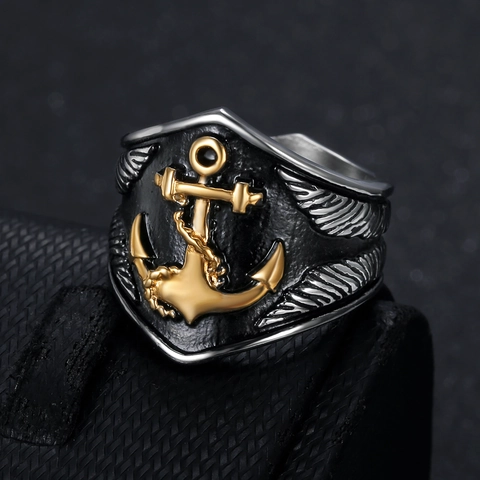 Anello Ancora Retrò Vichingo Norreno in Acciaio Inossidabile Stile Pirata Nautico Anello a Sigillo da Uomo Oro Argento Nero