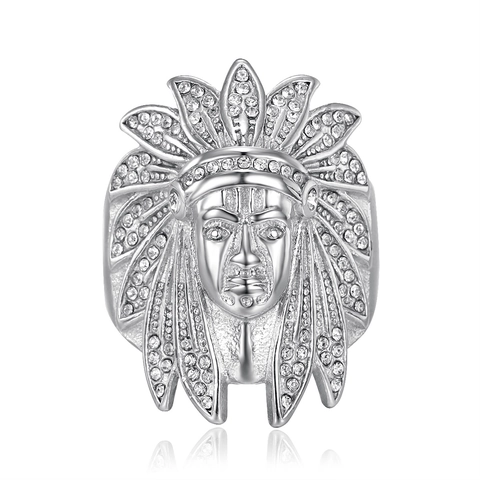 Anillo de Jefe Indio de Acero de Titanio Chapado en Oro para Hombre Incrustaciones de Strass Estilo Punk Étnico Joyería