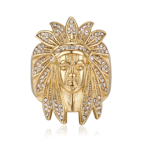 Anillo de Jefe Indio de Acero de Titanio Chapado en Oro para Hombre Incrustaciones de Strass Estilo Punk Étnico Joyería