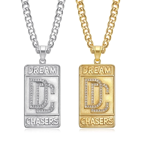 Collana Hip Hop Dream Chasers con Pendente Piastrina Rettangolare Lettera DC Acciaio Inossidabile Strass Oro Argento Catena Cubana Gioielli