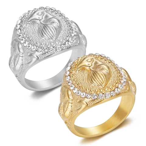 Hip Hop Men Eagle Head Ring Stainless Steel Gold Plated Rhinestone Punk Animal Finger Ring Vintage Jewelry Accessories Gift