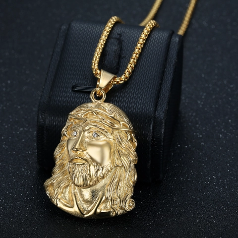 Hip Hop Stainless Steel Jesus Portrait Pendant Necklace Rhinestone Eyes Polished Electroplated Jewelry Men Women Gold