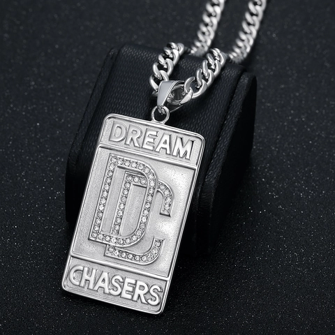 Collana Hip Hop Dream Chasers con Pendente Piastrina Rettangolare Lettera DC Acciaio Inossidabile Strass Oro Argento Catena Cubana Gioielli