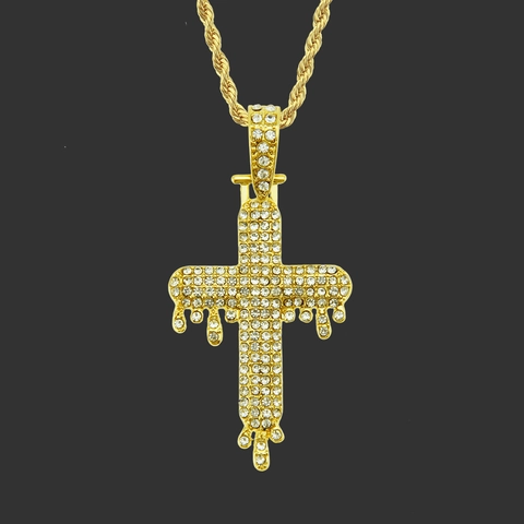 Collar de Colgante de Cruz de Goteo Hip Hop para Hombre Aleación con Diamante de Imitación Joyería Iced Out Streetwear Cadena de Cuerda Oro Plata