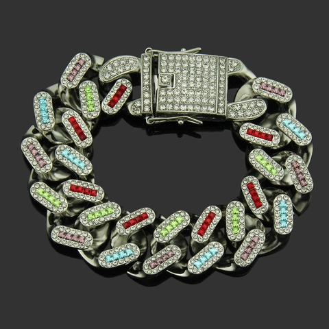Luxury Men Hip Hop Alloy Multi Color Rhinestone Cuban Link Bracelet Iced Out Wide Streetwear Fashion Bracelet Jewelry Gift