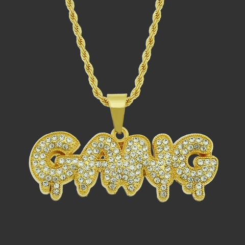 Collana con Ciondolo Lettera Gang Hip Hop per Uomo Strass Ghiacciato Lega Catena a Corda Gioielli Streetwear Oro Argento