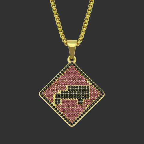 Hip Hop Men Rhinestone Car Pendant Necklace Gold Alloy Box Chain Streetwear Fashion Trendy Accessory