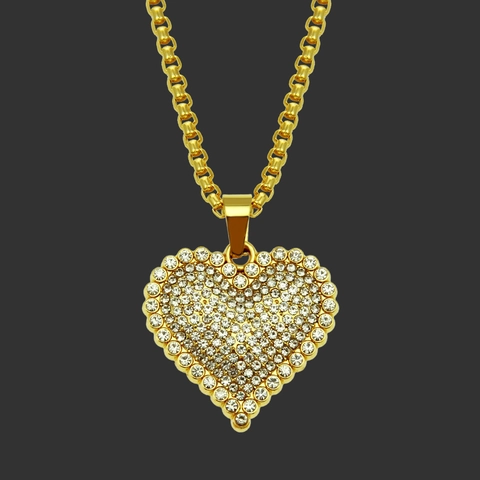 Collar de Colgante de Corazón Hip Hop Diamante de Imitación Aleación Incrustado Color Dorado Cadena de Caja de Hierro