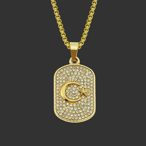 Collar con Colgante de Luna y Estrella Iced Out para Hombre Aleación Chapada en Oro con Diamantes de Imitación Joyería Hip Hop Rock