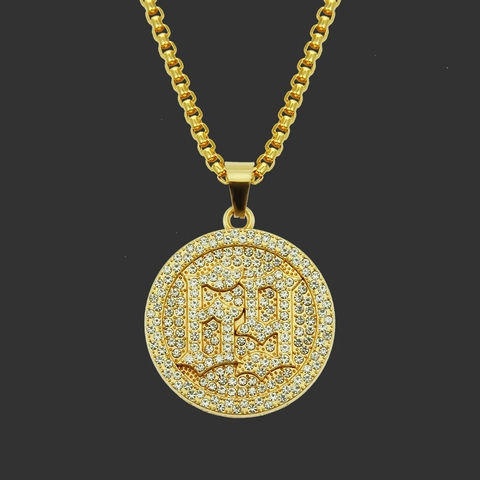 Collana con Ciondolo Rotondo in Lega con Strass Hip Hop per Uomo Lettera Numero Gotico Geometrico Oro Argento Catena in Ferro Gioielli