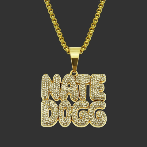 Collana con Pendente a Lettera Nate Dogg Hip Hop Iced Out Uomo Lega Placcata Oro Strass Catena a Scatola Gioielli Streetwear