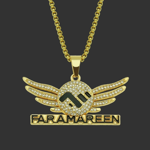 Collana Hip Hop Ali Lettera FARAMAREEN Ciondolo Con Strass Intarsiati Tonalità Oro Lega Ferro Catena Box per Uomo Donna Gioielli