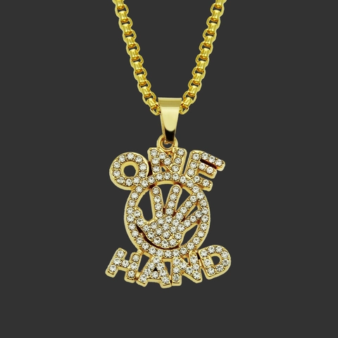 Άνδρες Γυναίκες Hip Hop Iced Out ONE HAND Γράμμα Χειρονομία Μενταγιόν Κολιέ Επιχρυσωμένο Στρας Κράμα Σιδήρου Box Αλυσίδα Κοσμήματα