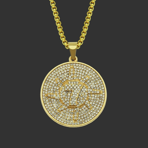 Hip Hop Men Iced Out Number Seven Round Medallion Pendant Necklace Alloy Rhinestone Bling Streetwear Fashion Jewelry For Party