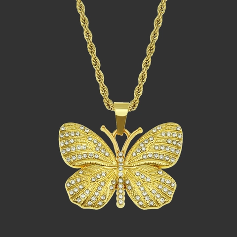 Hip Hop Iced Out Butterfly Pendant Necklace For Men And Women Alloy Rhinestone Butterfly Jewelry With Stainless Steel Rope Chain