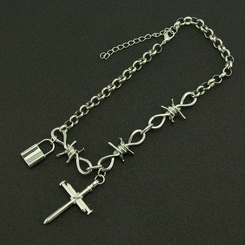 Punk Gothic Barbed Wire Thorn Cross Pendant Necklace Alloy Silver Color Lock Charm Hip Hop Choker Jewelry For Men Women