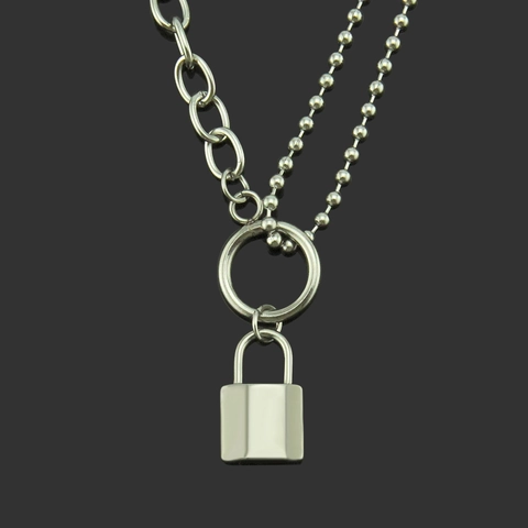 Collier Pendentif Cadenas Double Couche Acier Inoxydable Style Punk Femmes Couleur Argent Chaîne Billes Bijoux Street
