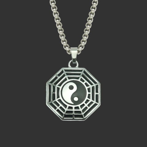 Collana con Pendente Yin Yang Tai Chi Bagua Vintage Uomo in Acciaio Inossidabile Lega Argento Retro Taoismo Hip Hop Gioielli Regalo