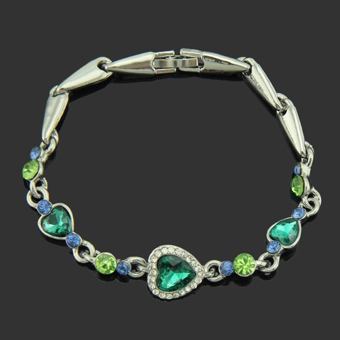 Pulsera de Corazón de Aleación Minimalista para Mujer Color Plata Diamantes de Imitación Cristal Verde Incrustado Pulsera de Cadena de Corazón