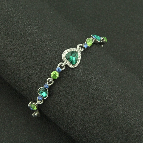 Pulsera de Corazón de Aleación Minimalista para Mujer Color Plata Diamantes de Imitación Cristal Verde Incrustado Pulsera de Cadena de Corazón