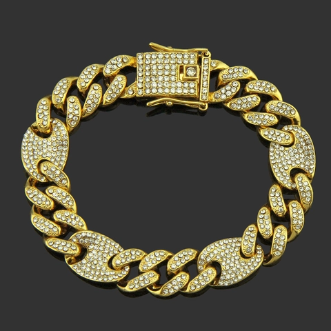 Hip Hop Men Iced Out Cuban Link Bracelet Alloy Rhinestone Coffee Bean Buckle Streetwear Punk Biker Hand Jewelry Gift