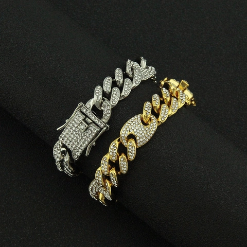 Hip Hop Men Iced Out Cuban Link Bracelet Alloy Rhinestone Coffee Bean Buckle Streetwear Punk Biker Hand Jewelry Gift