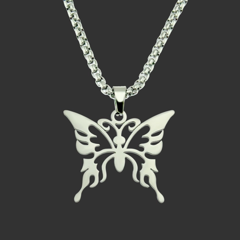 Collana con Pendente a Farfalla Traforata in Acciaio Inossidabile Stile Hip Hop Punk Catena Box Argento Uomo Donna Gioielli