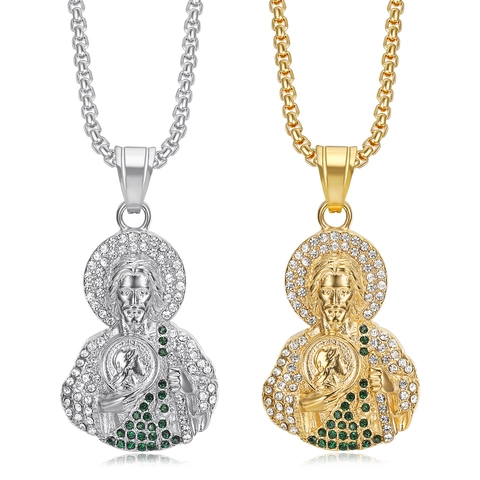 Collana con Ciondolo San Giuda in Acciaio Inossidabile Placcato Oro Argento Figura Religiosa Gioielli Hip Hop Ciondolo con Strass