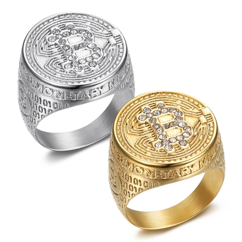 Anello da Uomo Hip Hop Bitcoin B in Acciaio al Titanio Oro Colore Acciaio con Strass Intarsiato Anello Sigillo Regalo Gioielli