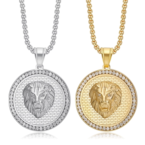 Collana con Ciondolo Testa di Leone Hip Hop in Acciaio Inossidabile Medaglione Rotondo Con Strass per Uomo Gioielli Galvanici Oro Argento