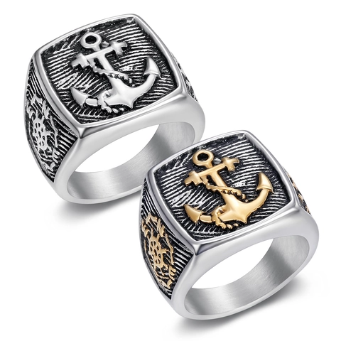 Anello a Sigillo da Uomo in Acciaio Inossidabile Vintage Con Ancora e Timone Stile Pirata Nautico Oro Argento Bicolore