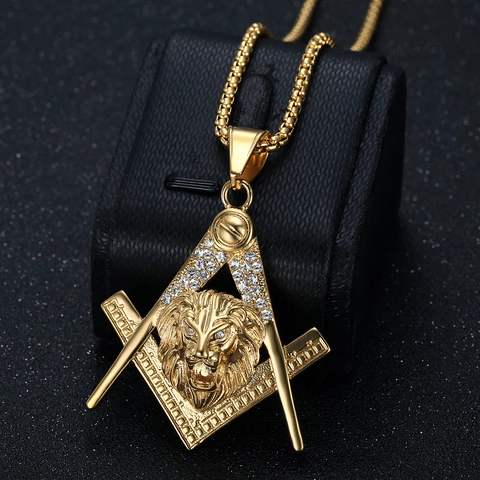 Collana con Ciondolo Testa di Leone Massonica Hip Hop in Acciaio Inossidabile Squadra e Compasso Strass Gioielli da Uomo
