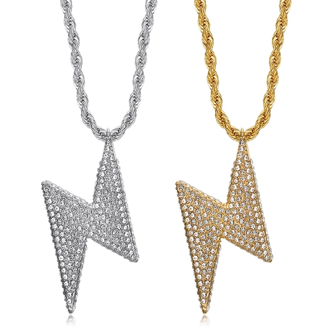 Hip Hop Iced Out Lightning Bolt Pendant Necklace For Men Women Stainless Steel Gold Silver Plated Rhinestone Jewelry