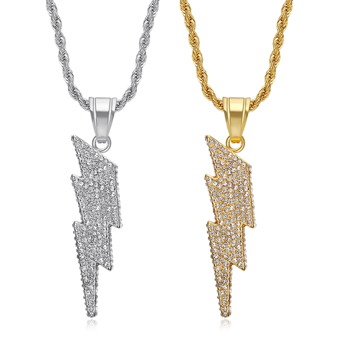 Collana con Ciondolo a Fulmine in Acciaio al Titanio Hip Hop Strass Iced Out Gioielli Placcati Oro Argento per Uomo Donna
