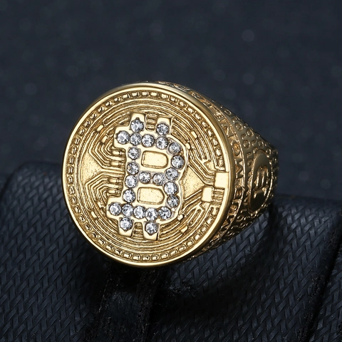 Anello da Uomo Hip Hop Bitcoin B in Acciaio al Titanio Oro Colore Acciaio con Strass Intarsiato Anello Sigillo Regalo Gioielli