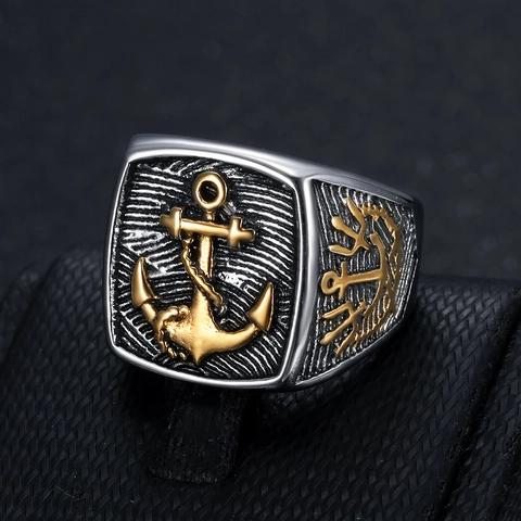 Anello a Sigillo da Uomo in Acciaio Inossidabile Vintage Con Ancora e Timone Stile Pirata Nautico Oro Argento Bicolore