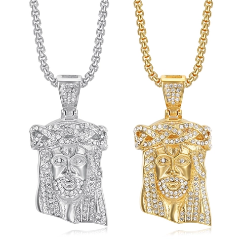 Hip Hop Stainless Steel Jesus Head Pendant Necklace For Men Women Gold Plated Inlaid Rhinestone Religious Jewelry Gift