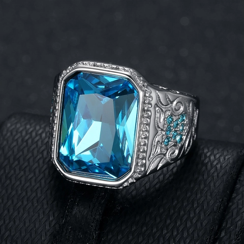 Anello Hip Hop Uomo Acciaio Inossidabile Oro Argento Placcato Vintage Strass Blu Rettangolo Gemma Anello con Rilievo Gioielli