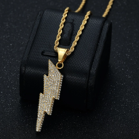 Collana con Ciondolo a Fulmine in Acciaio al Titanio Hip Hop Strass Iced Out Gioielli Placcati Oro Argento per Uomo Donna