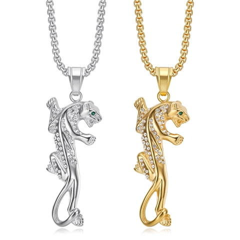 Hip Hop Titanium Steel Leopard Head Pendant Necklace Gold Pave Rhinestone Animal Punk Necklace Jewelry For Men Women Party