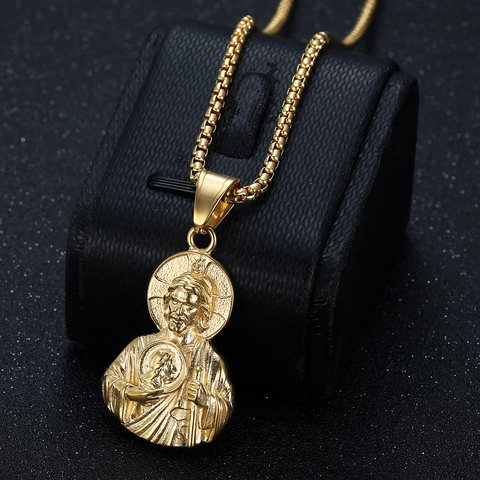Collana con Pendente a Busto Religioso di San Giuda in Acciaio Inossidabile con Catena a Scatola per Uomo Hip Hop Oro Argento Placcato Gioielli Regalo