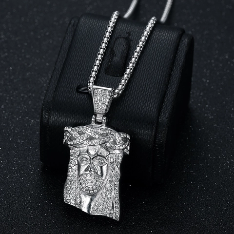 Hip Hop Stainless Steel Jesus Head Pendant Necklace For Men Women Gold Plated Inlaid Rhinestone Religious Jewelry Gift