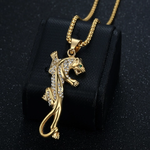 Hip Hop Titanium Steel Leopard Head Pendant Necklace Gold Pave Rhinestone Animal Punk Necklace Jewelry For Men Women Party