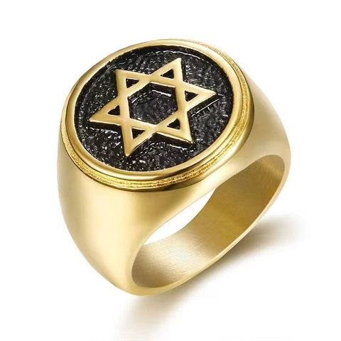Vintage Men Signet Ring Stainless Steel Star Of David Religious Jewish Hexagram Finger Ring Gold Silver Color Jewelry Gift