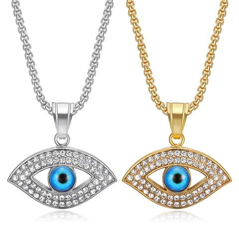 Hip Hop Evil Eye Pendant Necklace Stainless Steel Gold Plated Blue Eye Rhinestone Inlaid Street Fashion Jewelry For Men Women