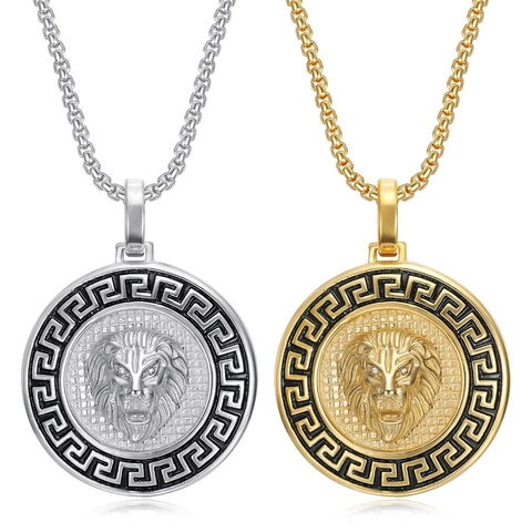 Collana con Pendente Medaglione Testa di Leone Hip Hop in Acciaio Inossidabile Motivo a Chiave Greca Gioielli per Uomo