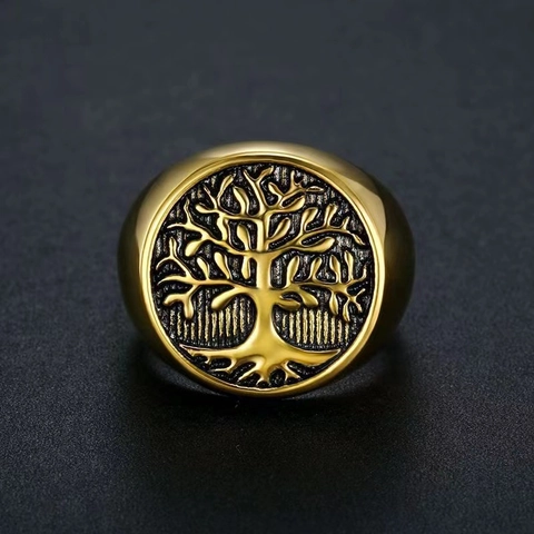 Vintage 316 Stainless Steel Tree Of Life Signet Ring For Men Retro Viking Leaf Pattern Gold Silver Finger Ring Jewelry Gift
