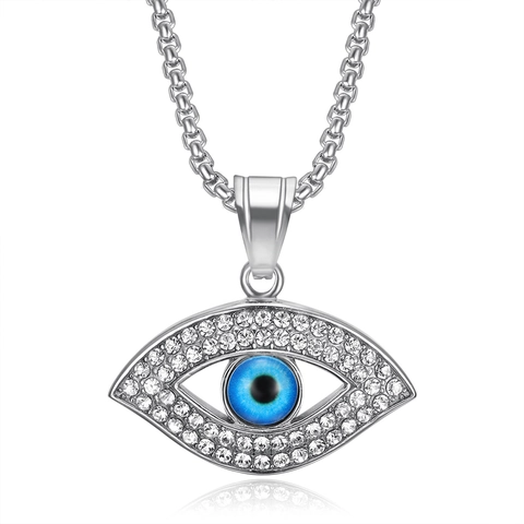 Hip Hop Evil Eye Pendant Necklace Stainless Steel Gold Plated Blue Eye Rhinestone Inlaid Street Fashion Jewelry For Men Women