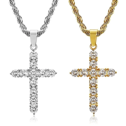 Collana con Ciondolo a Croce in Acciaio Inossidabile Hip Hop per Uomo Donna con Intarsio in Zirconia Oro Argento Gioielli